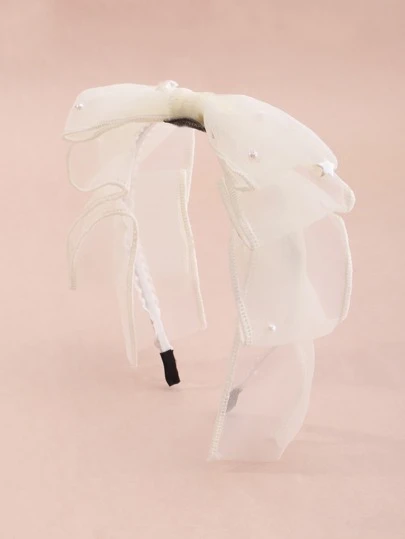 1 pieza Diadema de niña con lazo de malla y perlas, adecuada para decoración diaria