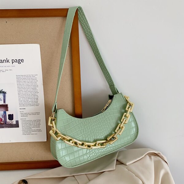 

Chain Decor Croc Embossed Baguette Bag, Green
