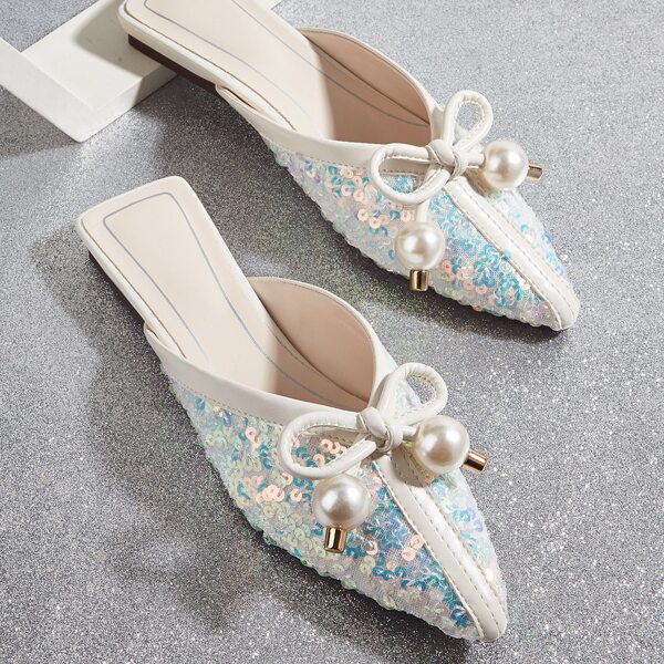 

Faux Pearl Decor Sequin Flat Mules, Beige