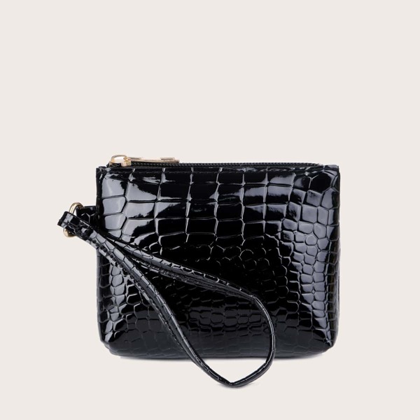

Mini Croc Embossed Clutch Bag, Black