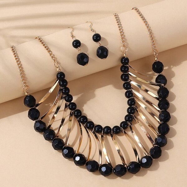 

3pcs Bead Decor Jewelry Set, Black