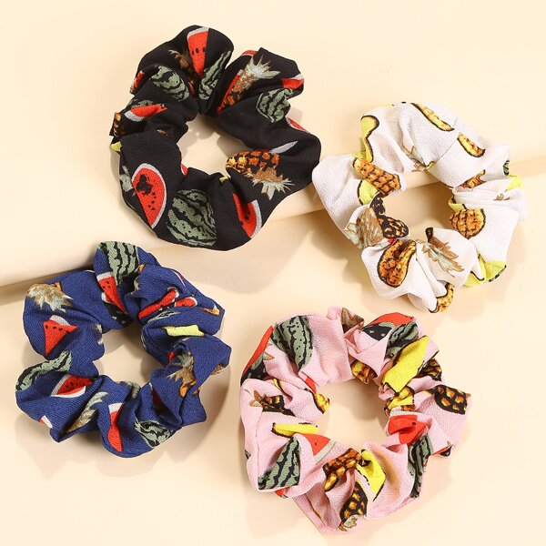 

4pcs Fruit Print Scrunchie, Multicolor