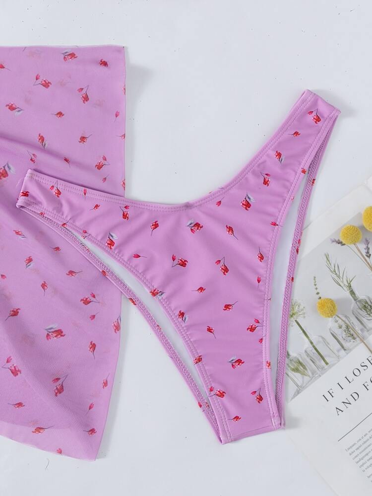 3packs Floral Triangle Bikini With Beach Skirt, For Summer Vacation - Lilac Purple - View 6