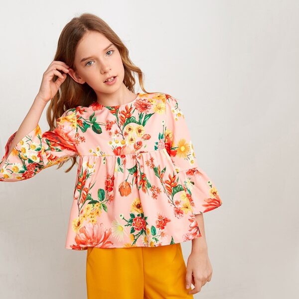 

Girls Floral Print Flounce Sleeve Peplum Top, Multicolor