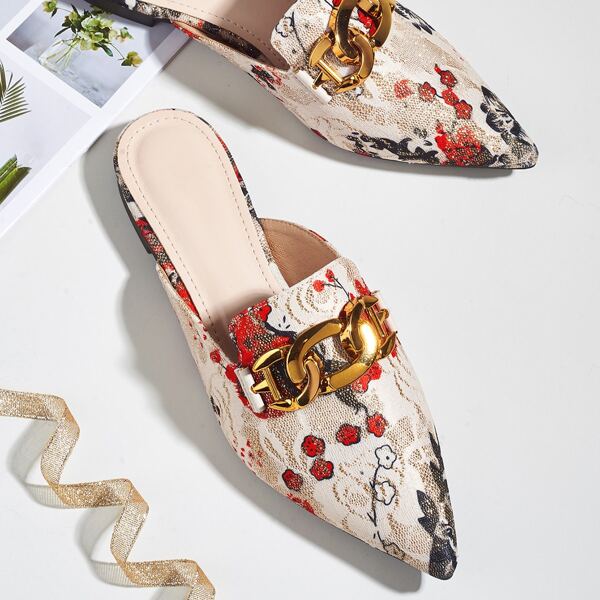 

Chain Decor Floral Graphic Flat Mules, Multicolor