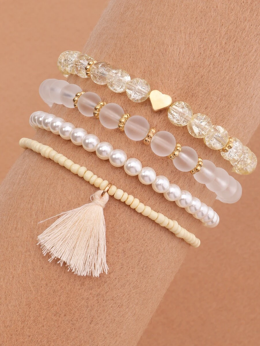 4入組流蘇吊墜串珠手鏈 - 白色 - 查看 1