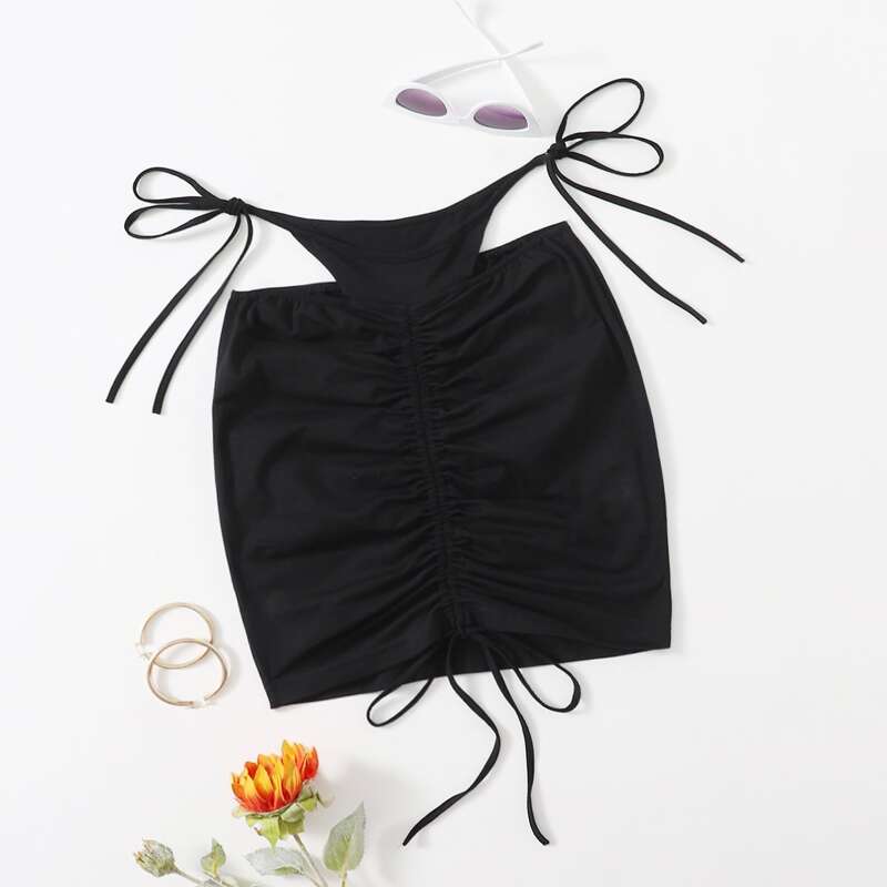 

Cutout Tie Waist Ruched Drawstring Bodycon Skirt, Black