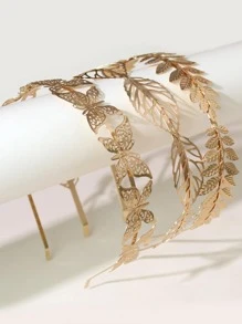 3pcs Girls Gold Leaf & Butterfly Hairbands, Metal Leaf Headbands Suitable For Daily Life Or Vacation - Gold - View 1