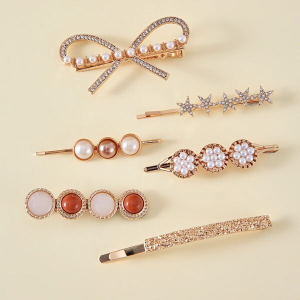 

6pcs Faux Pearl & Rhinestone Bow Decor Hair Clip, Multicolor