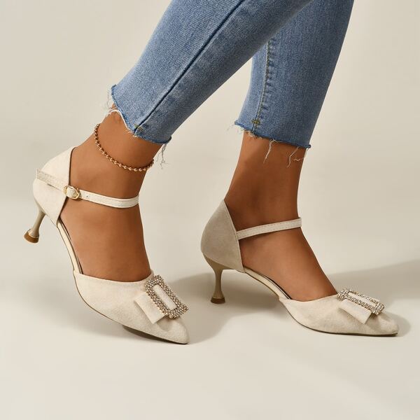 

Point Toe Rhinestone Decor Pumps, Beige