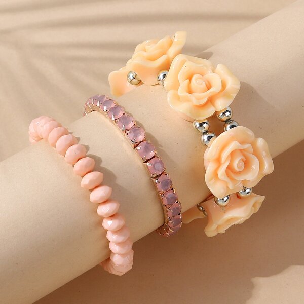 

3pcs Bead Decor Bracelet, Pink
