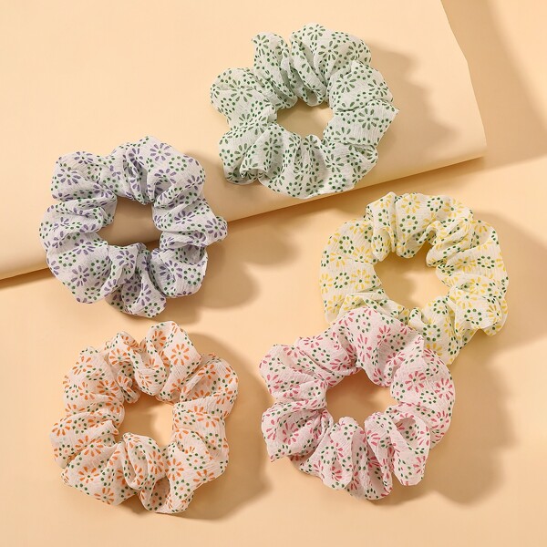 

5pcs Flower Print Scrunchie, Multicolor