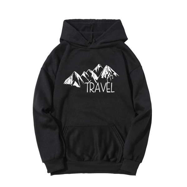 

Mountain & Letter Graphic Kangaroo Pocket Hoodie, Black