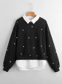 SHEIN Drop Shoulder Pearls Beaded 2 In 1 Pullover - Black - View 1