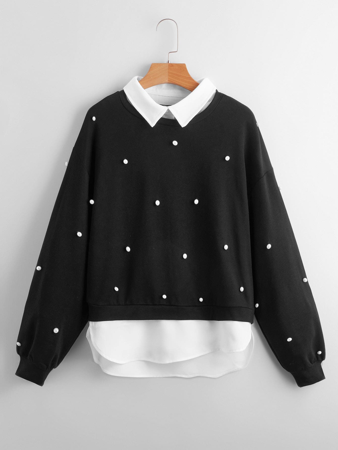 SHEIN Drop Shoulder Pearls Beaded 2 In 1 Pullover - Black - View 1