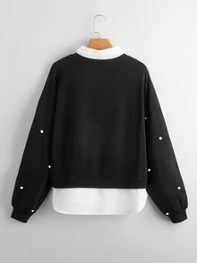 SHEIN Drop Shoulder Pearls Beaded 2 In 1 Pullover - Black - View 2