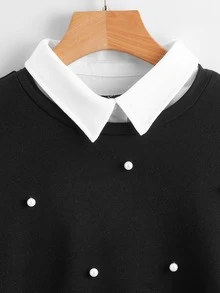 SHEIN Drop Shoulder Pearls Beaded 2 In 1 Pullover - Black - View 3