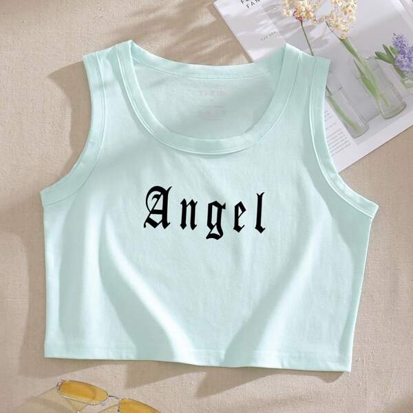 

Letter Graphic Crop Tank Top, Mint green