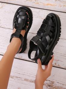 Hook-and-loop Fastener Strap Caged Sandals - Black - View 1