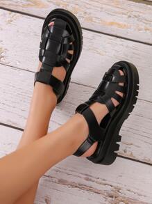 Hook-and-loop Fastener Strap Caged Sandals - Black - View 2