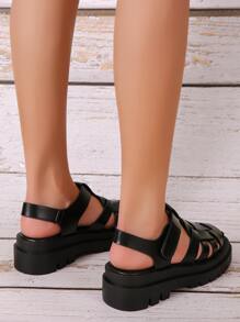 Hook-and-loop Fastener Strap Caged Sandals - Black - View 3