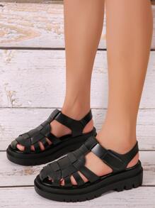 Hook-and-loop Fastener Strap Caged Sandals - Black - View 4
