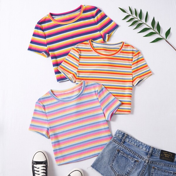 

3pcs Striped Print Crop Tee, Multicolor