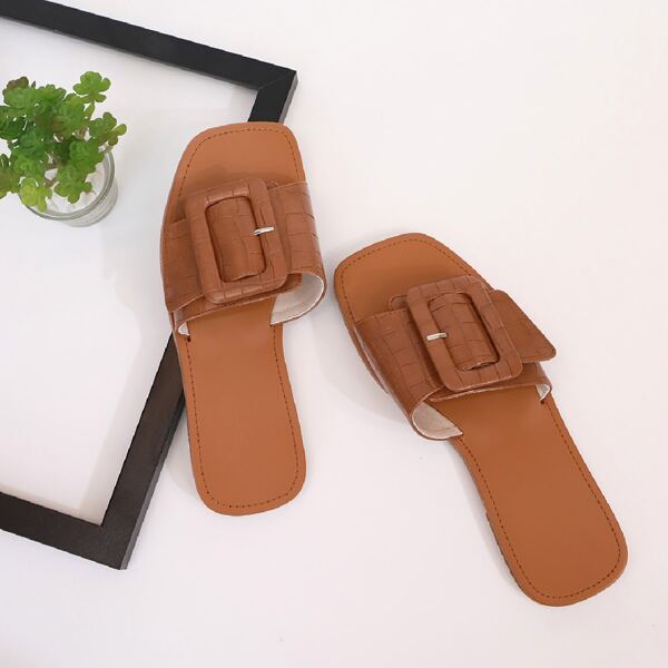 

Buckle Decor Croc Embossed Slide Sandals, Brown