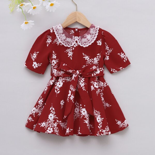 

Baby Girl Floral Print Embroidery Mesh-Collar Belted Dress, Burgundy