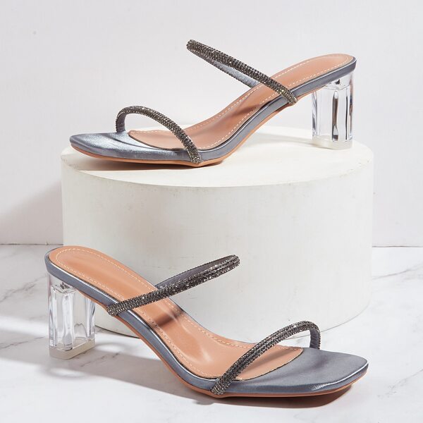 

Rhinestone Decor Chunky Sandal Mules, Grey