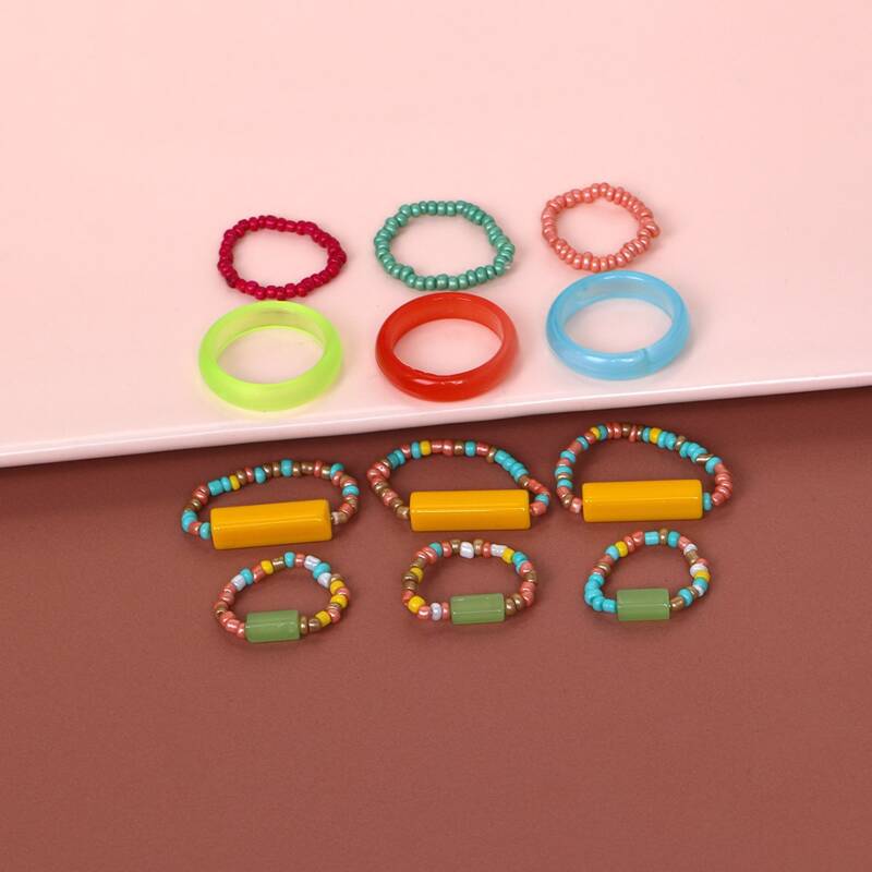 

12pcs Colorful Beaded Ring, Multicolor