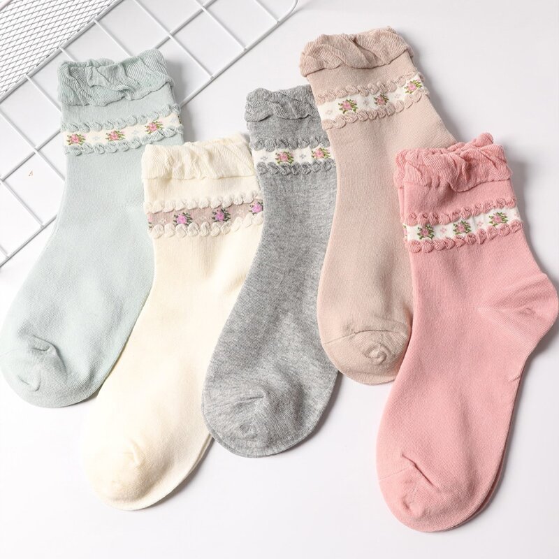 

5pairs Flower Pattern Crew Socks, Multicolor