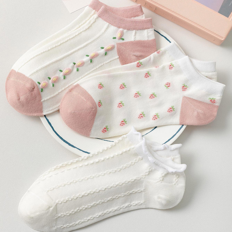 

3pairs Flower Pattern Ankle Socks, Multicolor