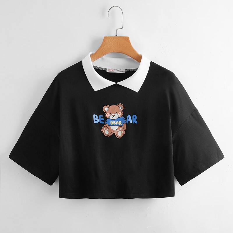 

Letter Cartoon Bear Graphic Crop Tee, Black