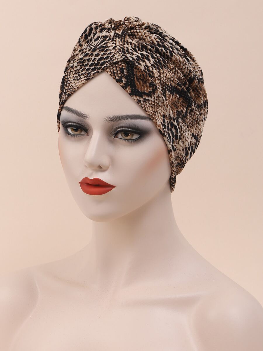 Snakeskin Print Head Wrap Bonnet Hair Bonnet Turban - Brown - View 1