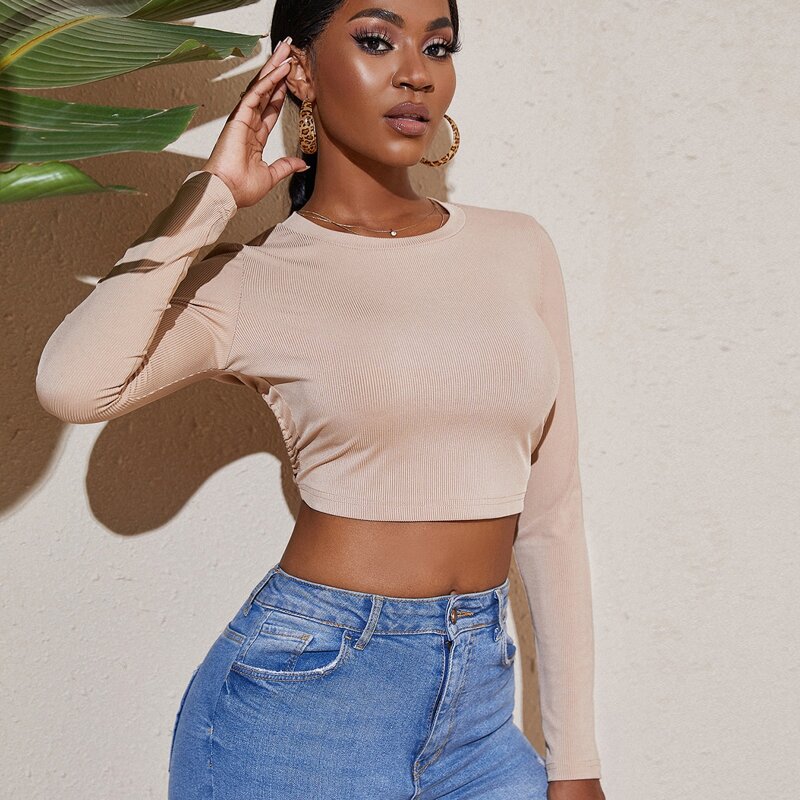 

Solid Tied Backless Crop Tee, Khaki