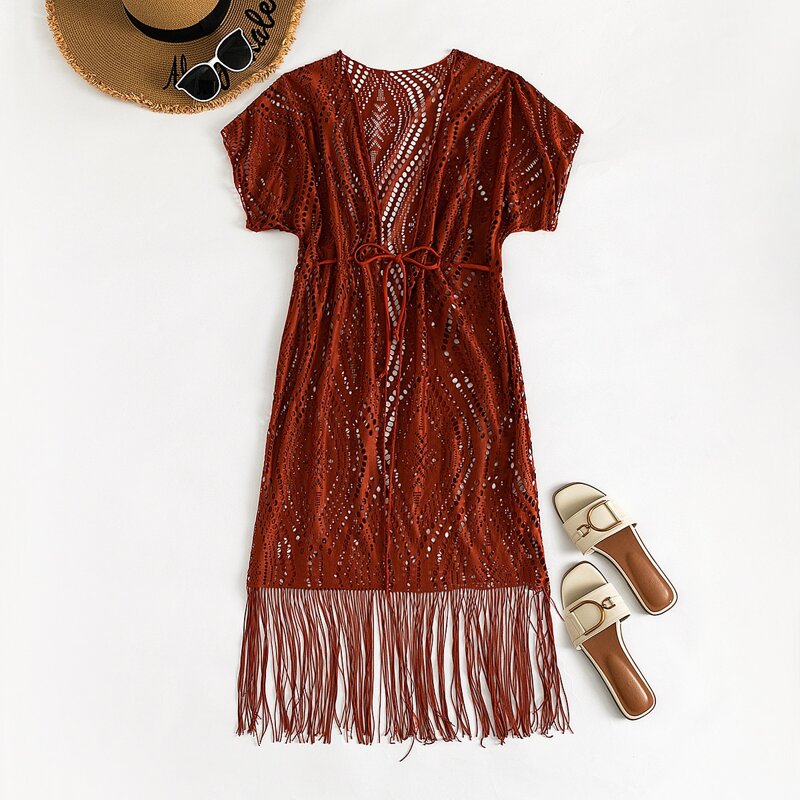 

Hollow Out Fringe Kimono, Burnt orange