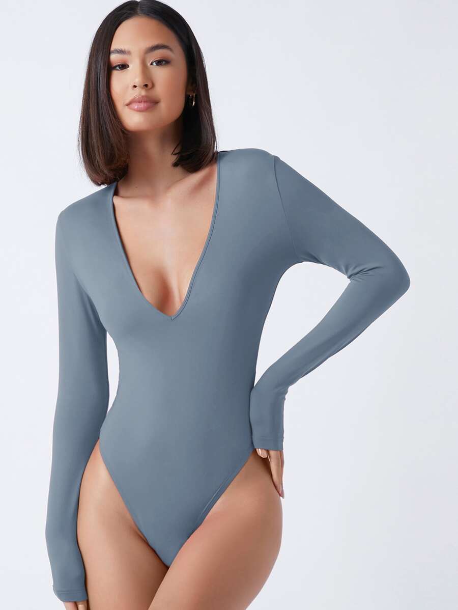 SHEIN BASICS Plunge Neck Solid Fitted Bodysuit - Dusty Blue - View 1