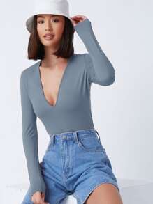 SHEIN BASICS Plunge Neck Solid Fitted Bodysuit - Dusty Blue - View 3