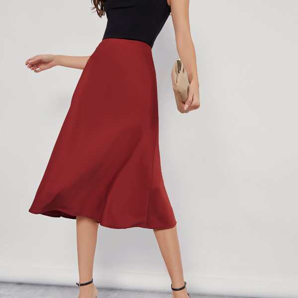 

Solid High Waist Satin Skirt, Burgundy