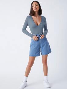 SHEIN BASICS Plunge Neck Solid Fitted Bodysuit - Dusty Blue - View 4