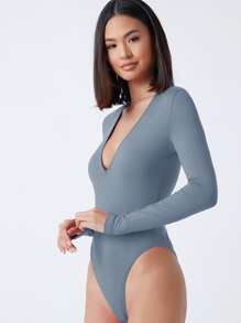 SHEIN BASICS Plunge Neck Solid Fitted Bodysuit - Dusty Blue - View 5