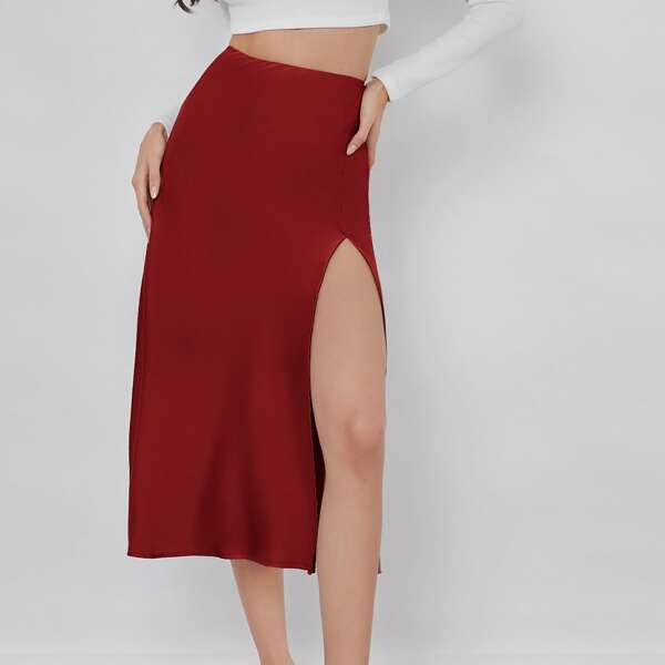 

Split Thigh Solid Satin Skirt, Burgundy