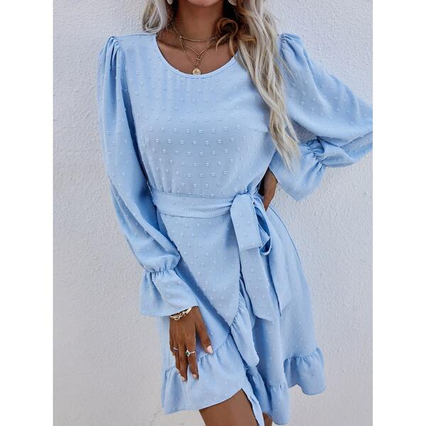 

Swiss Dot Belted Zip Back Ruffle Trim Wrap Hem Dress, Baby blue