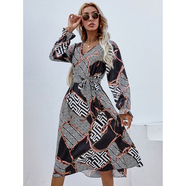 

Scarf Print Belted Dress, Black