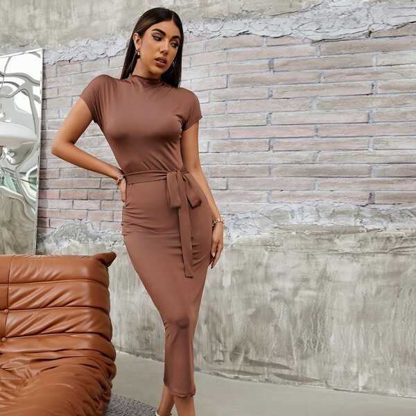 

Stand Neck Belted Bodycon Dress, Brown
