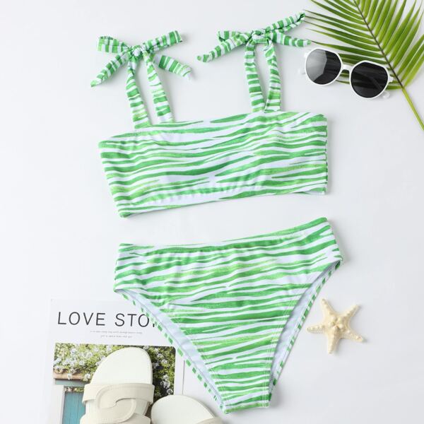 

Zebra Stripe Tie Shoulder Bikini Swimsuit, Green