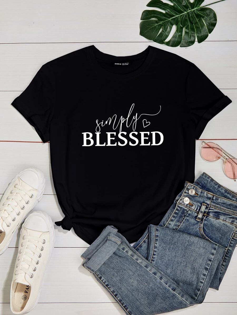 SHEIN Unity Camiseta con estampado de corazón y letras - Negro - Ver 1