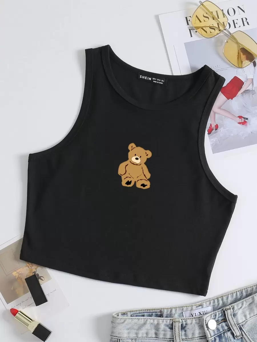SHEIN Unity Bear Print Tank Top - Black - View 1
