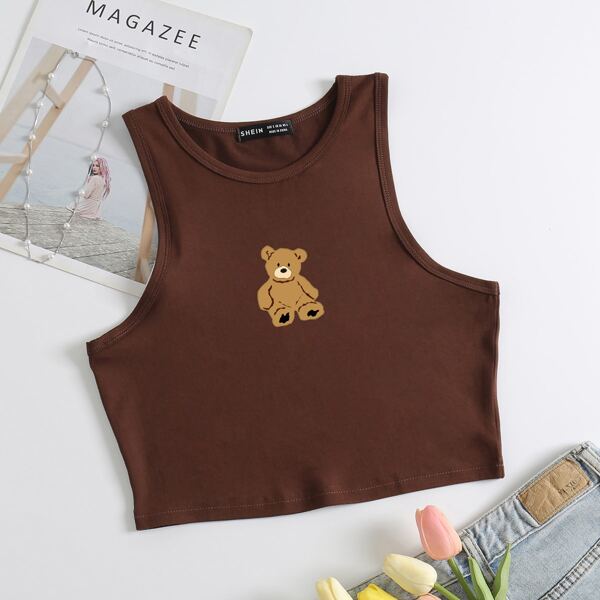 

Bear Print Tank Top, Coffee brown